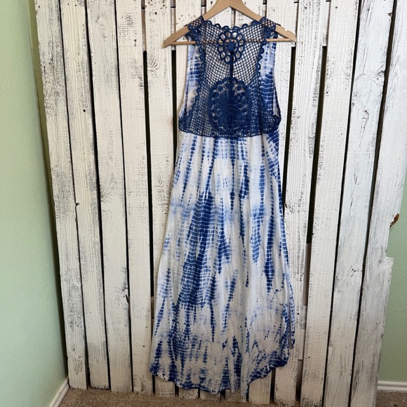 Joe Boxer Tie Dye Dress Hi-Low Crochet Back Size Large Blue‎ & White Sleeveless - Picture 4 of 11
